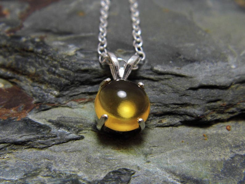 Citrine Pendant Necklace Yellow Gemstone Jewelry Sterling Silver Chain 8mm Round Citrine Cabochon