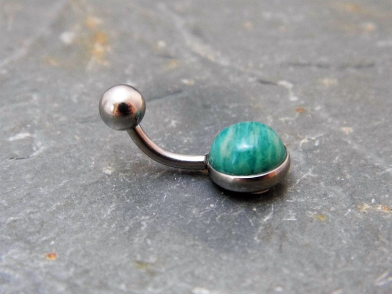 Green Amazonite Belly Ring Surgical Steel 316L Russian Amazonite Belly Bar 14 Gauge