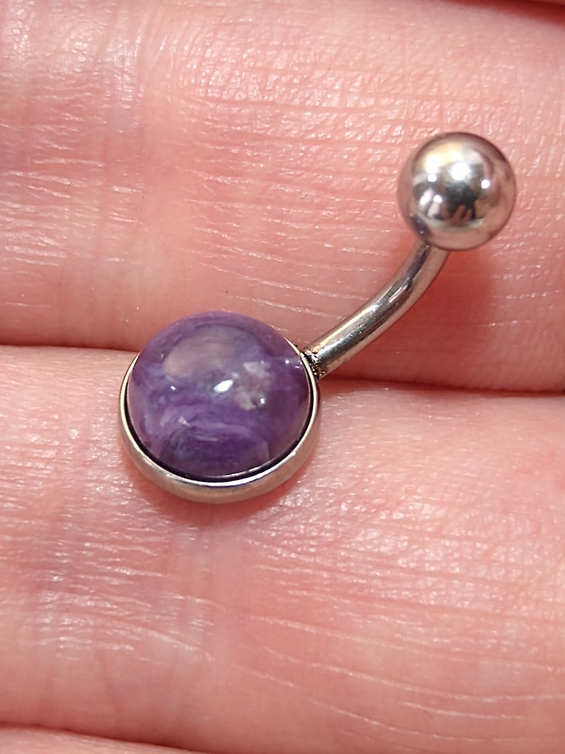 Purple Fleck Belly Bar Surgical Steel Dark Charoite Belly Ring Navel Post 14 Gauge