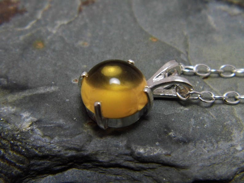 Citrine Pendant Necklace Yellow Gemstone Jewelry Sterling Silver Chain 8mm Round Citrine Cabochon