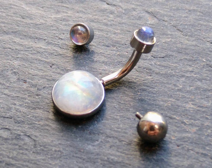 Indian Rainbow Moonstone Belly Bar 316l Steel 4 Bar Lengths 14 Gauge