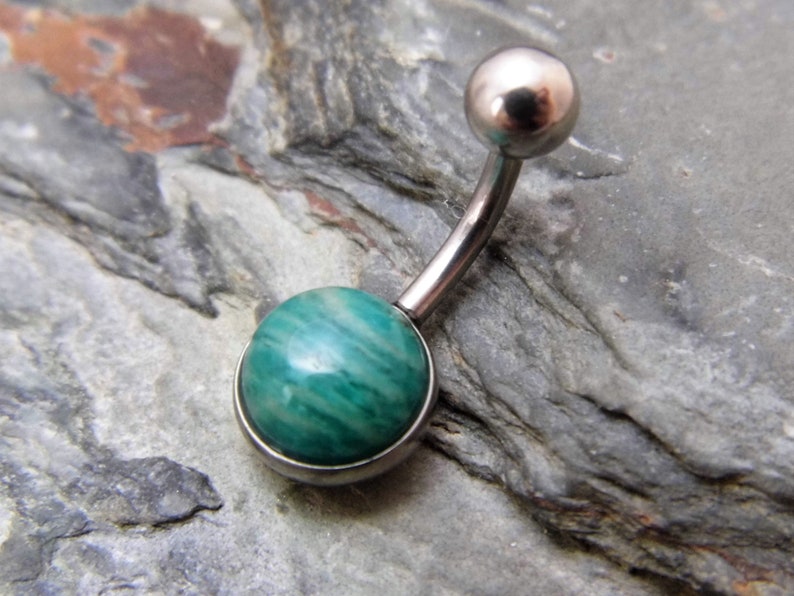Green Amazonite Belly Ring Surgical Steel 316L Russian Amazonite Belly Bar 14 Gauge