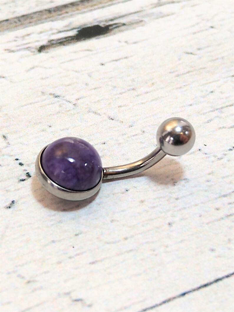 Purple Fleck Belly Bar Surgical Steel Dark Charoite Belly Ring Navel Post 14 Gauge