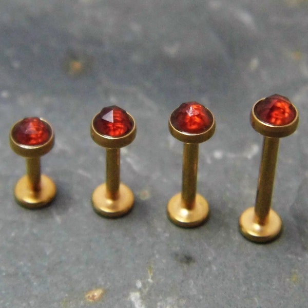3mm Rose Cut Garnet Labret Stud - Gold Anodised Surgical Steel 316L - Internally Threaded -  - 18, 16, or 14 Gauge
