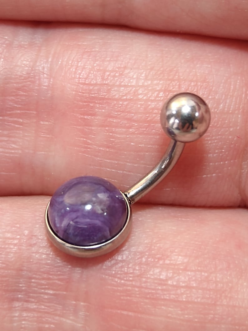 Purple Fleck Belly Bar Surgical Steel Dark Charoite Belly Ring Navel Post 14 Gauge