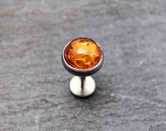 Amber Labret  - 5mm Gemstone - 316L Steel - Flat Back - Internally Threaded  - Helix - Conch - Tragus