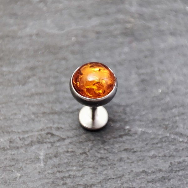 Amber Labret  - 5mm Gemstone - 316L Steel - Flat Back - Internally Threaded  - Helix - Conch - Tragus