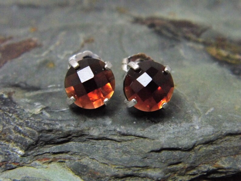 4 Claw Sterling Silver Setting Garnet Stud Earrings Checkerboard Cut 8mm Garnet Earrings