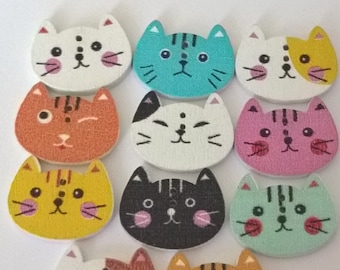 Set Of 20 Cat Wooden Painted Buttons