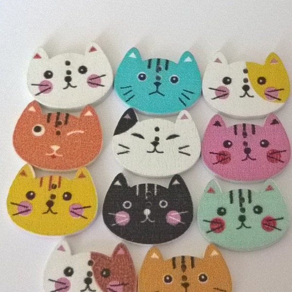 Set Of 20 Cat Wooden Painted Buttons