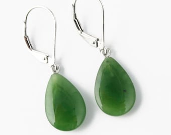 Green Jade Teardrop Earrings, Canadian Nephrite