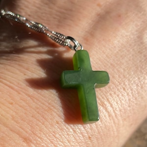 Canadian Nephrite Jade Pendant/Charm, Cross Silver Tone