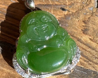 Siberian Nephrite Jade Happy Buddha Pendant, 30x25mm