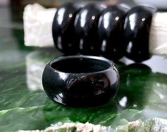 Black Nephrite Jade Wide Band Ring, 10mm