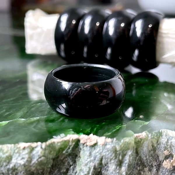 Black Nephrite Jade Wide Band Ring, 10mm