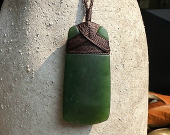 Dark Green Jade Toki Pendant, Satin Finish Canadian Nephrite Jade