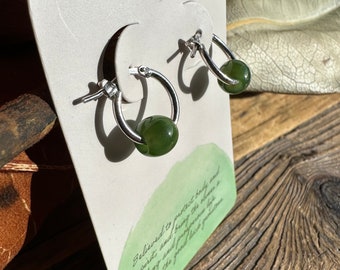 Jade Earrings on Sterling Silver Hoops, 7mm