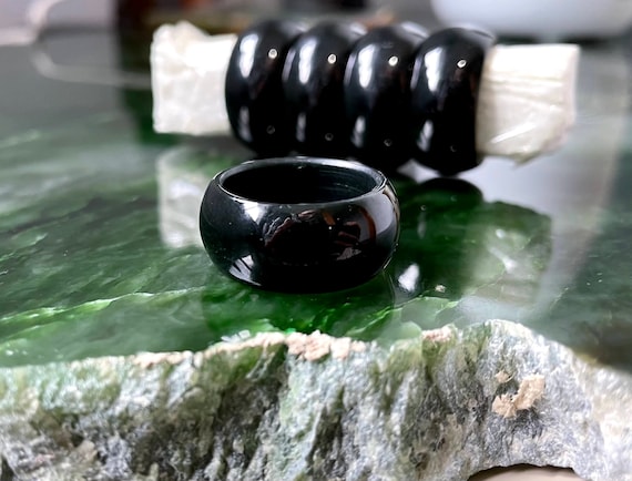 Black Nephrite Jade Wide Band Ring 10mm Etsy Canada