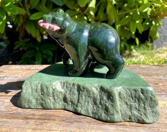 4" Jade Bear with Rhodonite Fish on Large Jade  Base