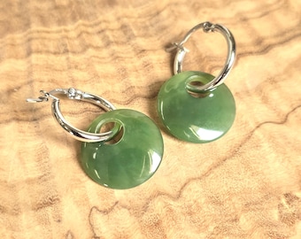 Canadian Nephrite Jade Sterling Silver Earrings, Natural Green Jade