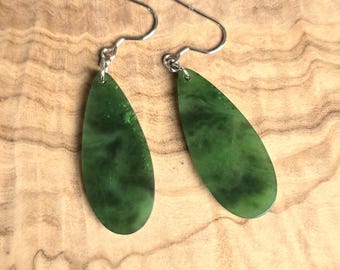 Nephrite Jade Drop Earrings: Sterling Silver, Canadian Jade