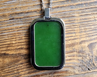 Translucent Rectangle Canadian Nephrite Pendant set in Stainless Steel