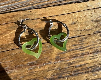 Canadian Nephrite Jade Heart Hoop Earrings