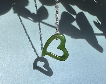 Dainty Jade Floating Heart Pendant, Canadian Nephrite Jade