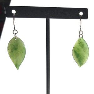 Green Jade Leaf Earrings, Canadian Jade 28mm Sterling Silver