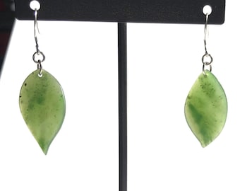 Green Jade Leaf Earrings, Canadian Jade 28mm Sterling Silver