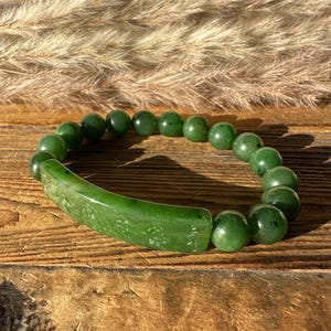Jade Mantra Bracelet, 10mm Dark Gree Canadian Nephrite Jade Beads