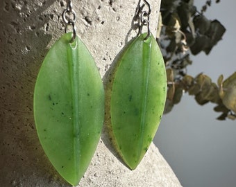 Long Drop Jade Leaf Earrings 54mm, Canadian Nephrite Jade