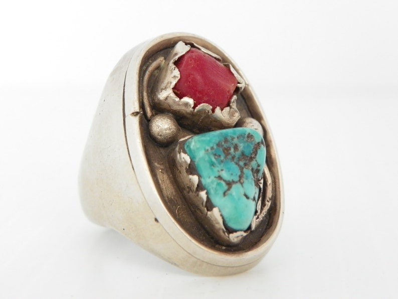 Men/'s Coral and Turquoise Sterling Silver Ring
