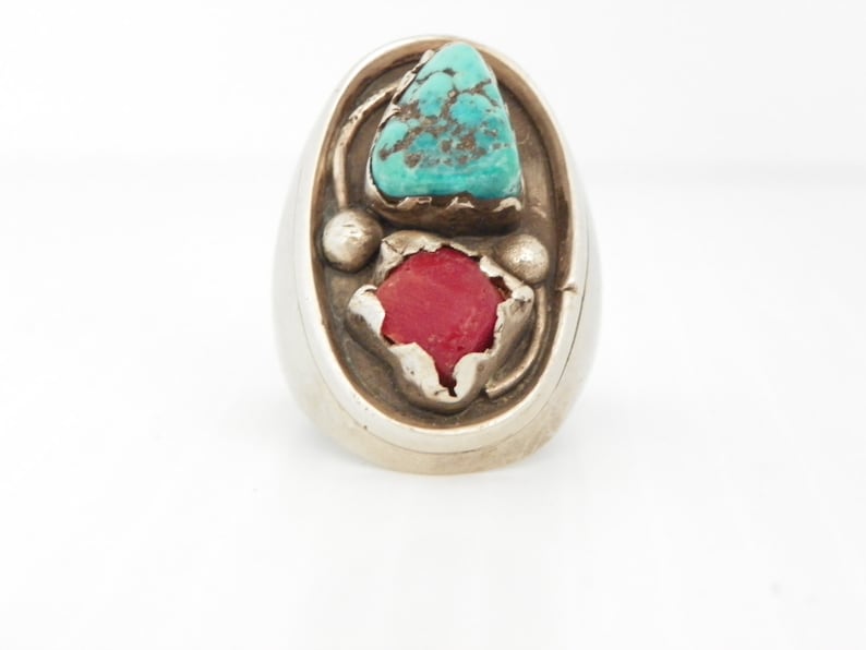 Men/'s Coral and Turquoise Sterling Silver Ring