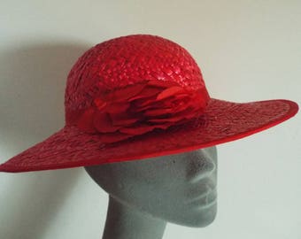 Ladies Red Wide Straw with Red Tulle Flower on Side with Banding Above the brim