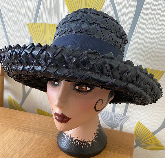 Vintage Ladies 1950’s Navy Straw Wide Brimmed Hat