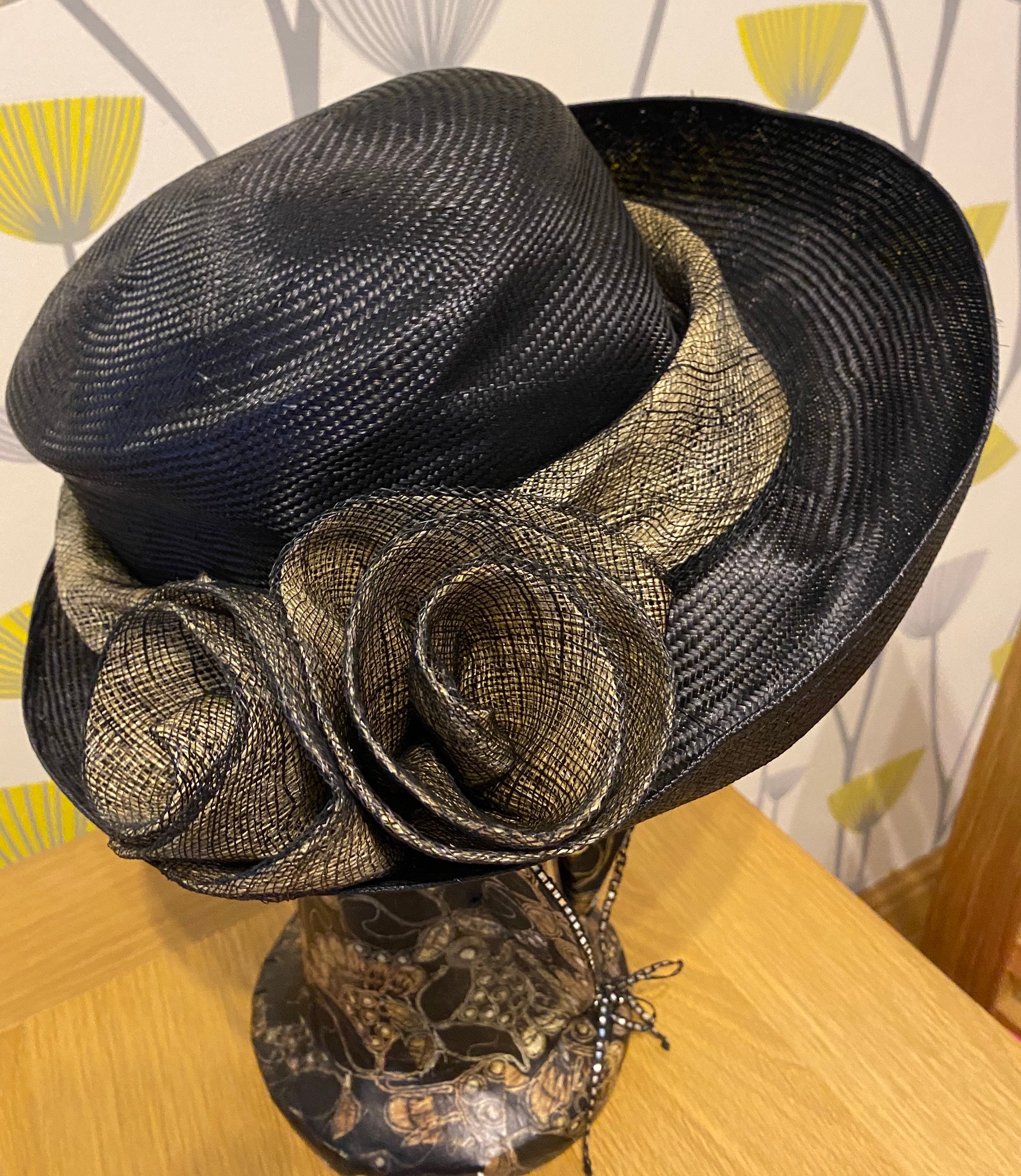 Vintage Ladies Black straw Hat with black Gold banding and Etsy