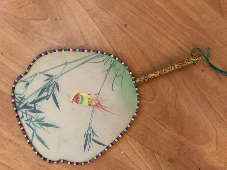 Vintage FAN 1950s silk hand painted fan with bamboo handle and bird on bamboo design