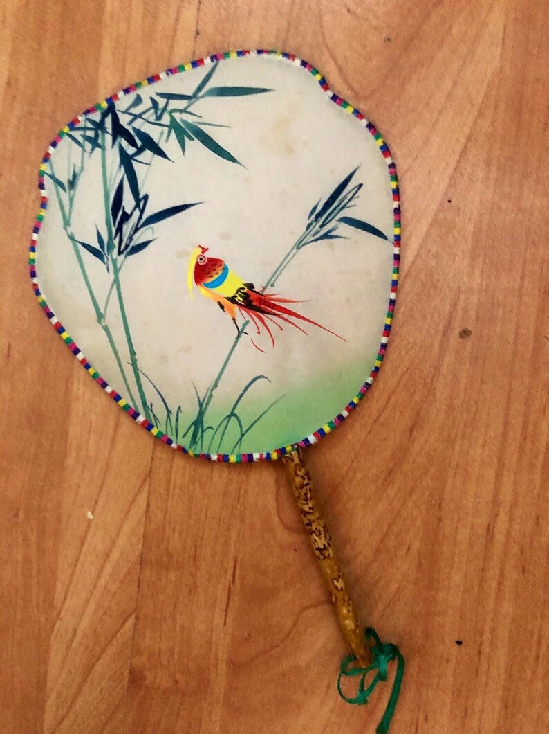 Vintage FAN 1950s silk hand painted fan with bamboo handle and bird on bamboo design