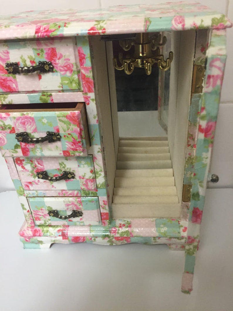 Vintage Decoupage Jewellery Trinket Box In Shape Of A Wardrobe