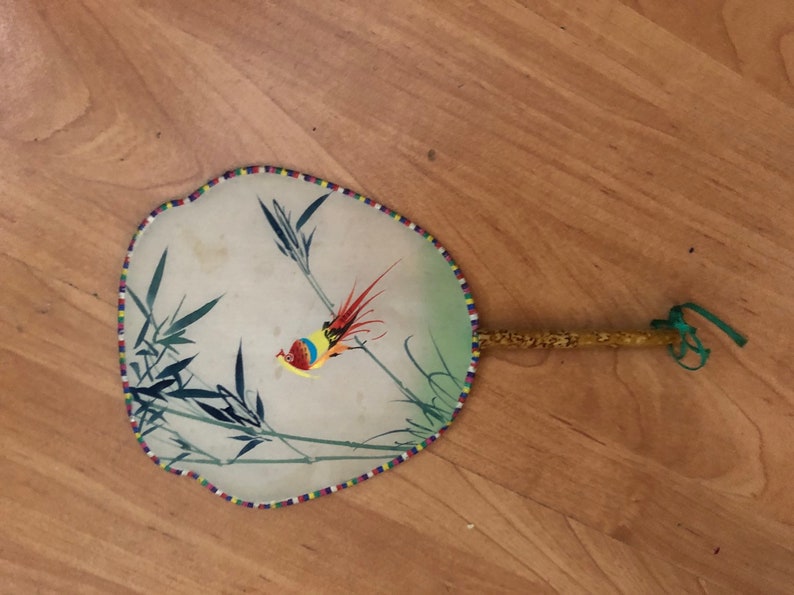 Vintage FAN 1950s silk hand painted fan with bamboo handle and bird on bamboo design