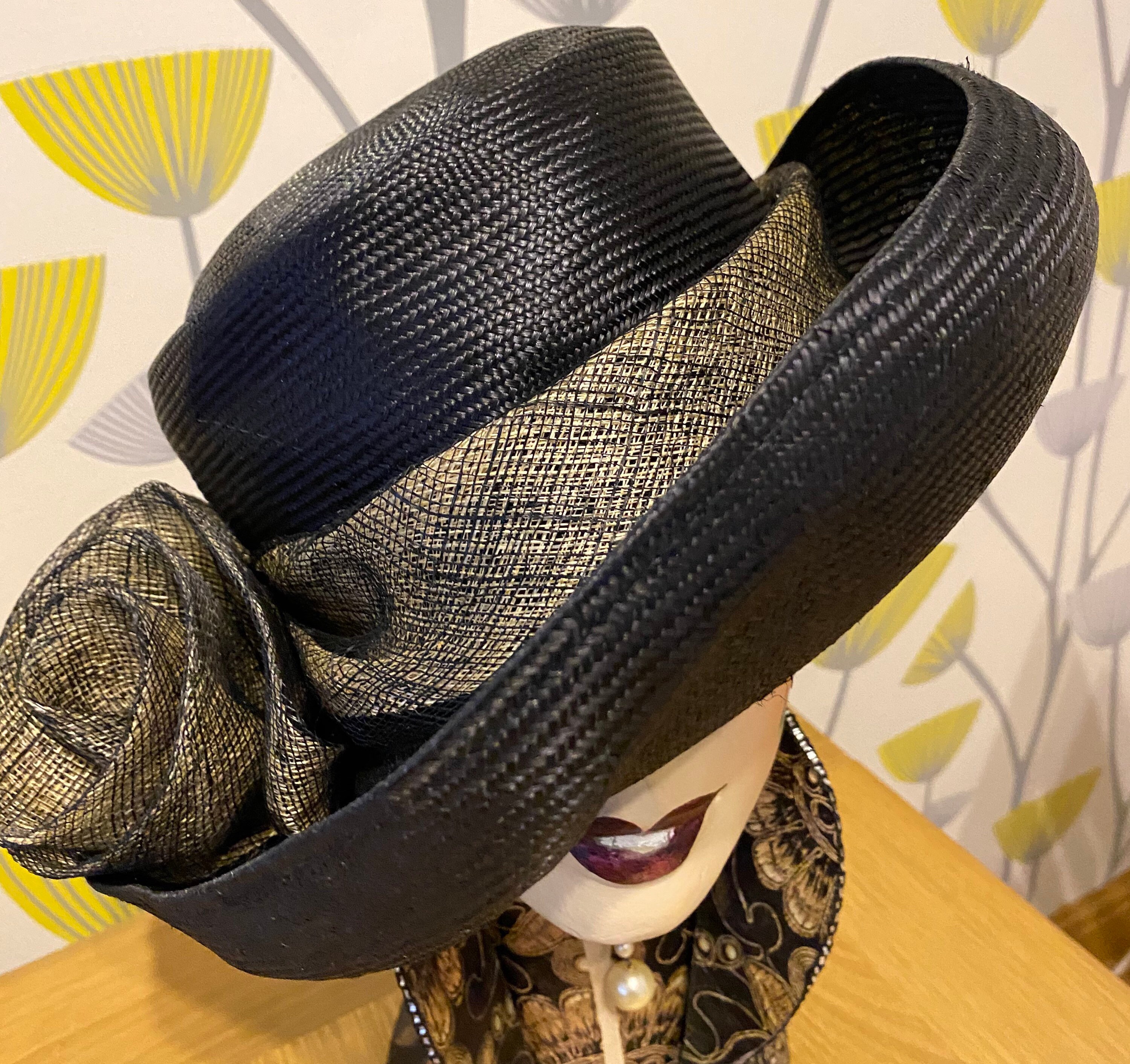 Vintage Ladies Black straw Hat with black Gold banding and Etsy