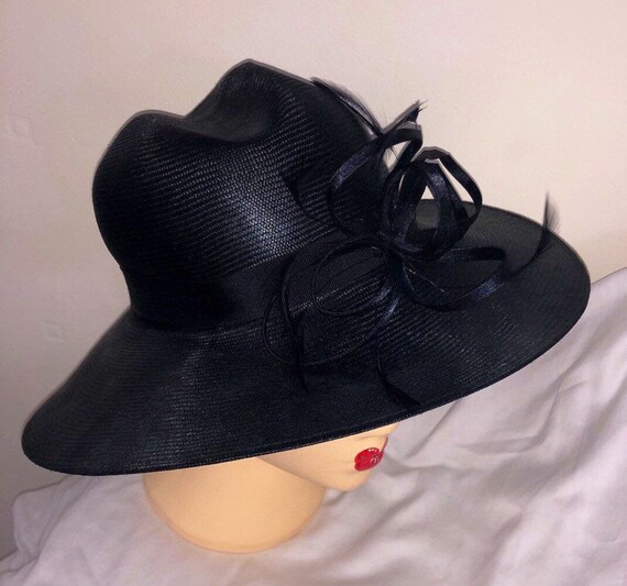 Vintage Hat Ladies Black Fine Straw Hat with bow a
