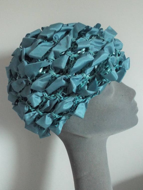 VINTAGE Ladies Hat 1950's Blue Tafetta Loop Hat m