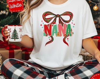 Comfort Colors Nana Christmas Bow Tee | Custom Holiday Shirt
