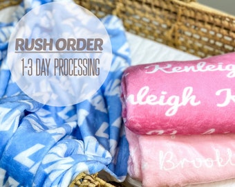 RUSH ORDER | Name Blanket for Girls and Boys | Personalized Plush Minky Baby Blanket | Fleece Security Blanket | Newborn | Toddler | CB