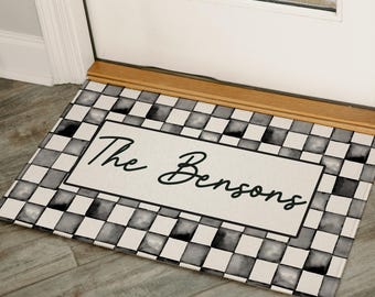 Watercolor Checkered Doormat | Personalized Family Name Welcome Mat