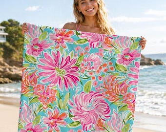 Personalized Preppy Pink Floral Beach Towel