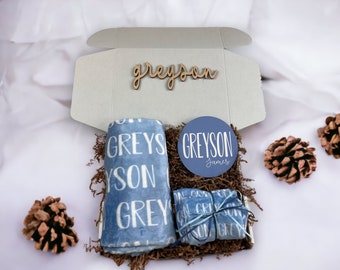 Baby Gift Box For Boys | Personalized Name Blanket |  Wooden Baby Name Sign | Custom Baby Bib and Burp Cloth | Baby Shower Box