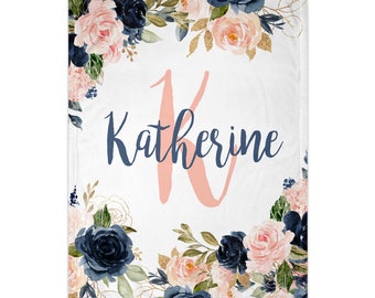 Personalized Floral Baby Blanket for Girls with Name | Custom Baby Blanket | Navy and Blush Pink Baby Blanket | Baby Shower Gift | F1